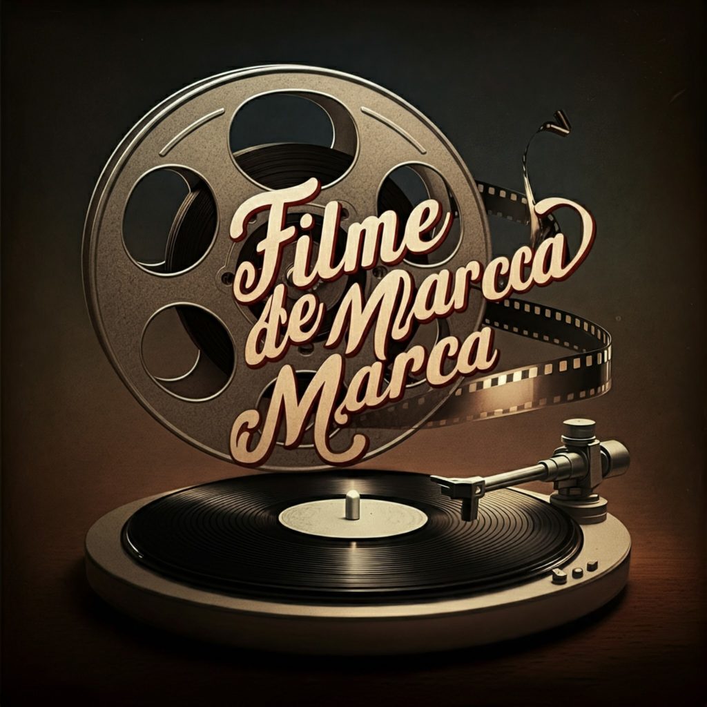 O imagine vintage a unei bobine de film pe un gramofon, cu cuvintele \"Filme de Marcă\" scrise într-un font retro, caligrafic.