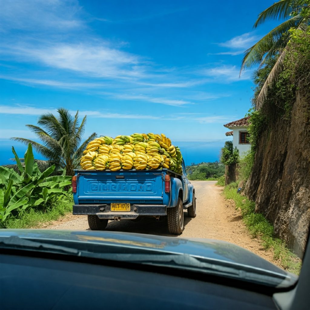 O vedere din interiorul unei mașini, privind în sus spre un camion vechi, albastru, plin cu banane galbene, pe un drum de coastă prafuit și sinuos care coboară spre ocean, trecând prin plataneri, palmieri și haciende.