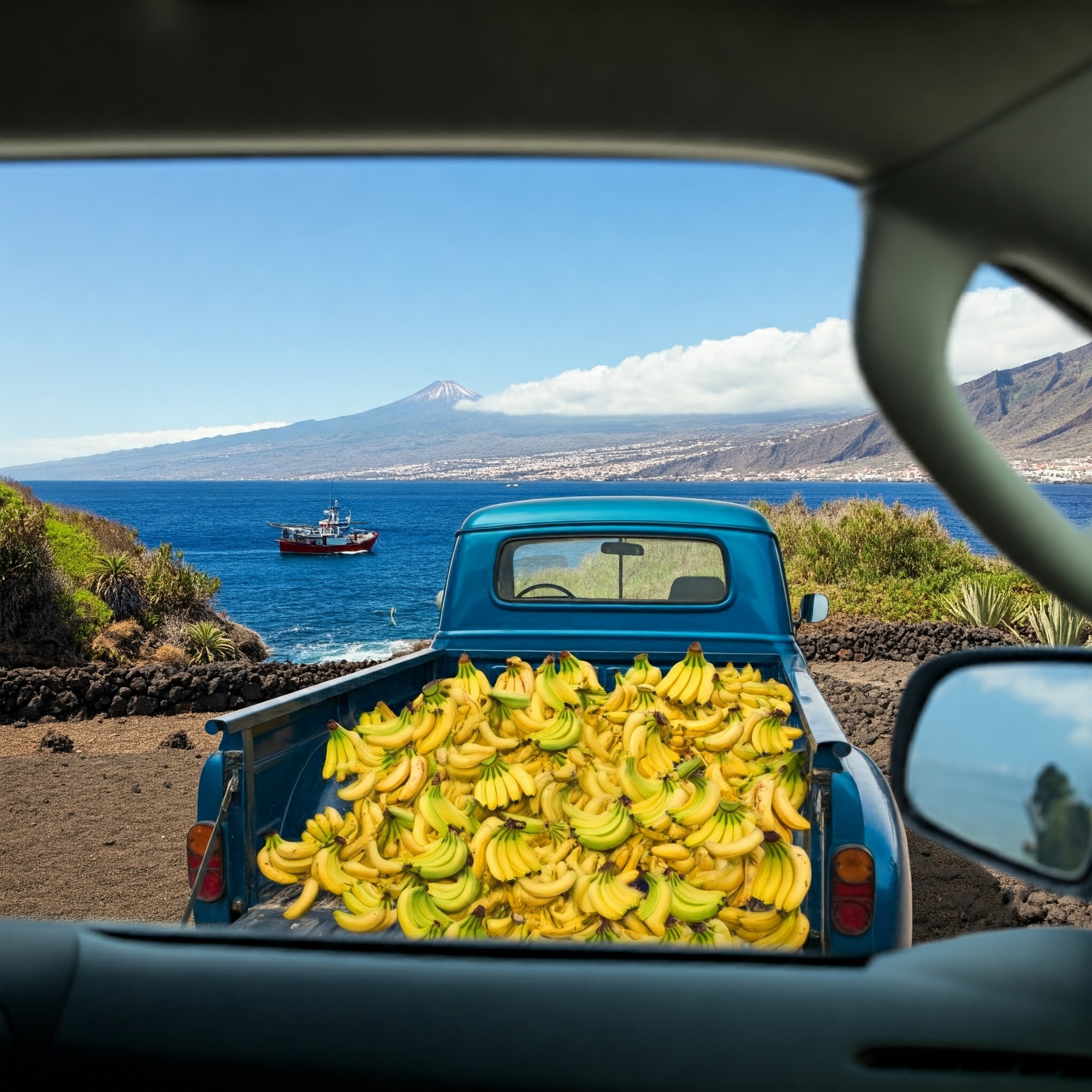 Un camion albastru plin cu banane galbene parcat pe o plajă tropicală, cu un ocean albastru strălucitor în fundal și un munte fantastic în depărtare. Tenerife.