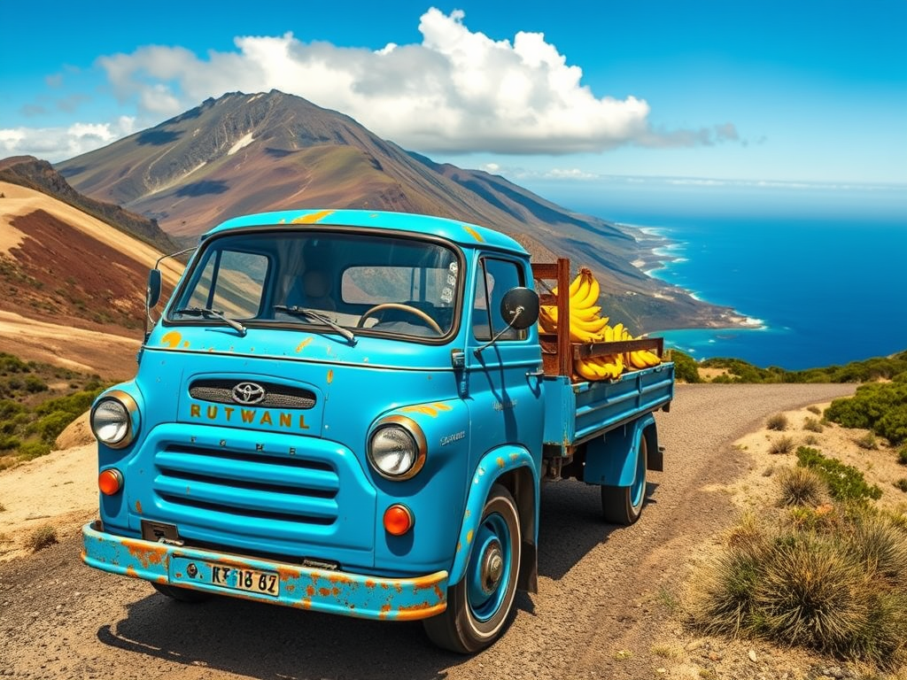 Camion albastru încărcat cu banane, pe un drum de coastă, cu munți și mare în fundal. O metafora pentru servicii care ofera rezultate concrete.